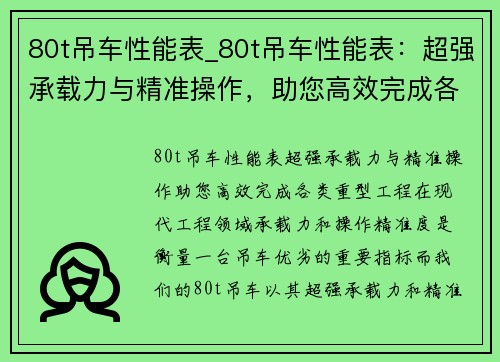 80t吊车性能表_80t吊车性能表：超强承载力与精准操作，助您高效完成各类重型工程