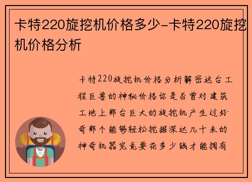 卡特220旋挖机价格多少-卡特220旋挖机价格分析